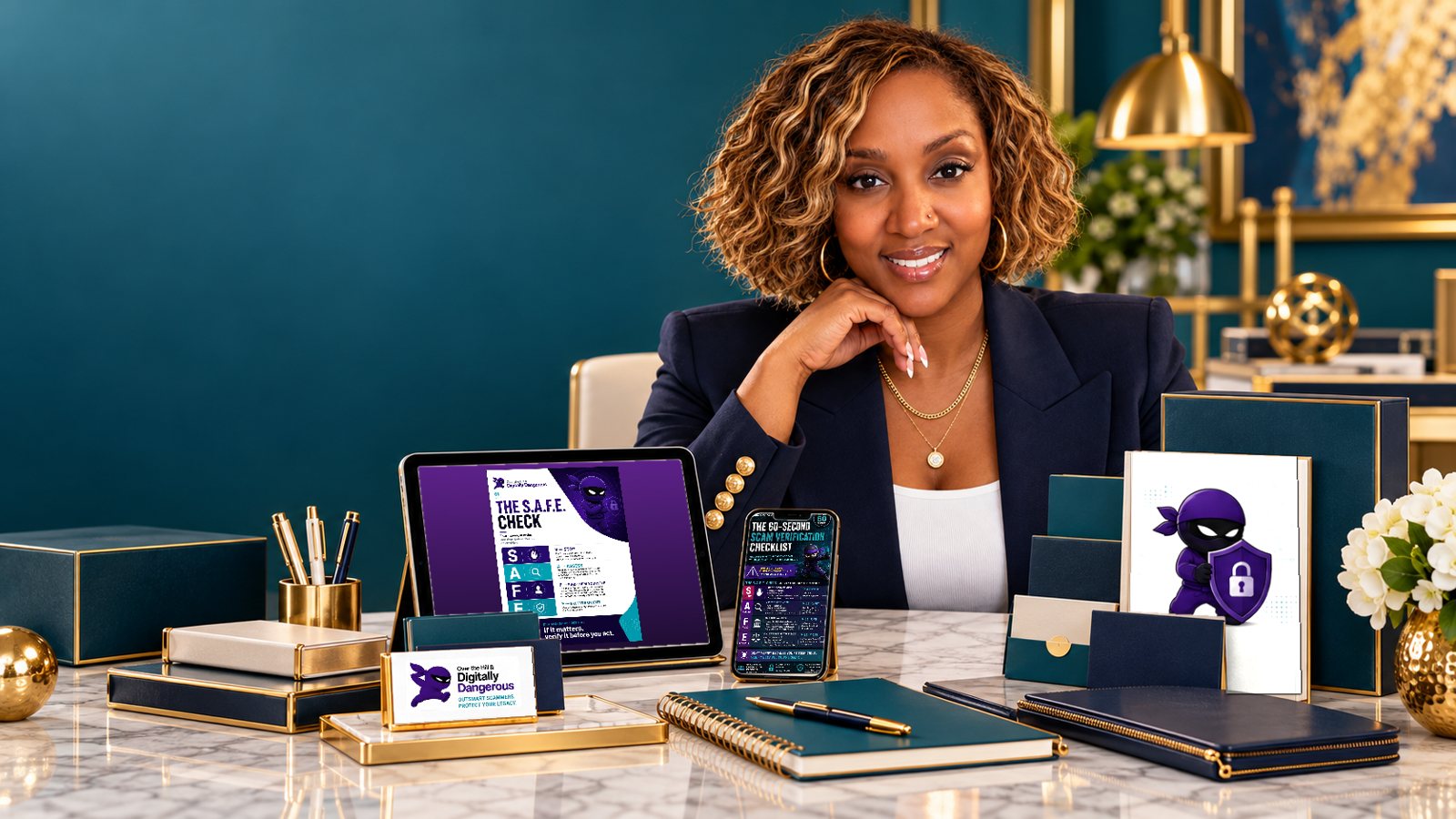 Kendra Battle at her desk with Digitally Dangerous resources: The S.A.F.E. Check on a tablet, The 60-Second Scam Verification Checklist on a phone, a ninja shield card and a branded business card.